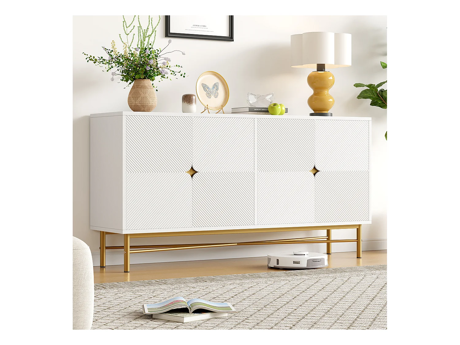 Buffet moderne 160x40x82cm - avec 4 portes - pieds en métal - panneau de particules - Blanc
