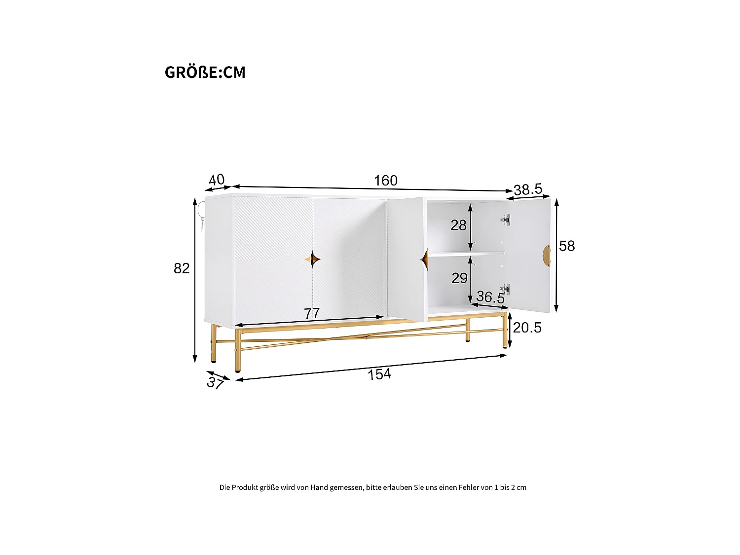 Buffet moderne 160x40x82cm - avec 4 portes - pieds en métal - panneau de particules - Blanc