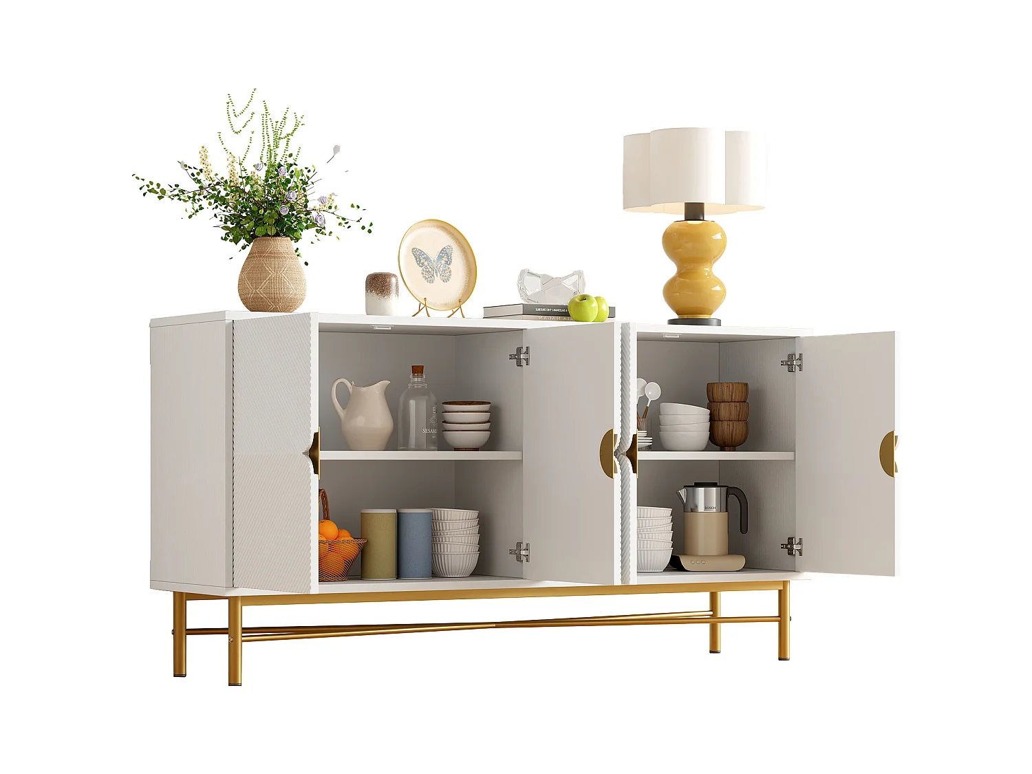 Buffet moderne 160x40x82cm - avec 4 portes - pieds en métal - panneau de particules - Blanc