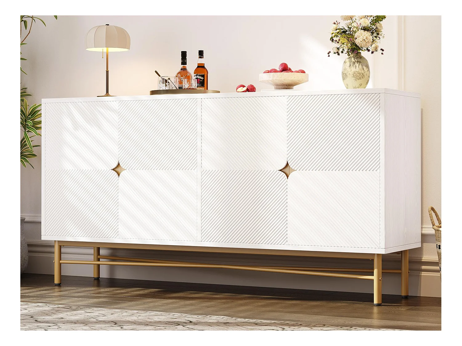 Buffet moderno 160×40×82 cm - con 4 puertas - patas de metal - panel de partículas - blanco