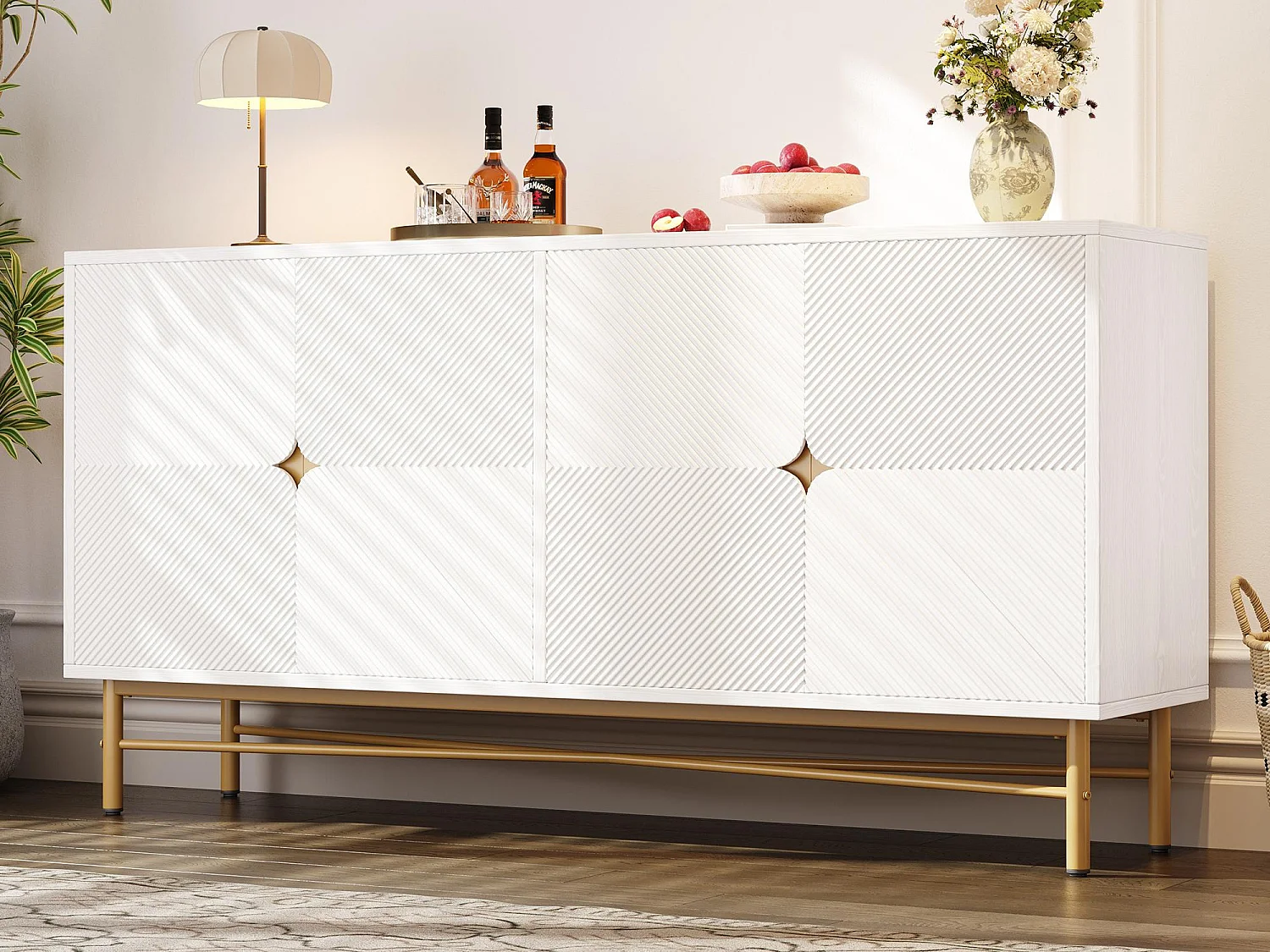 Buffet moderno 160×40×82 cm - con 4 puertas - patas de metal - panel de partículas - blanco