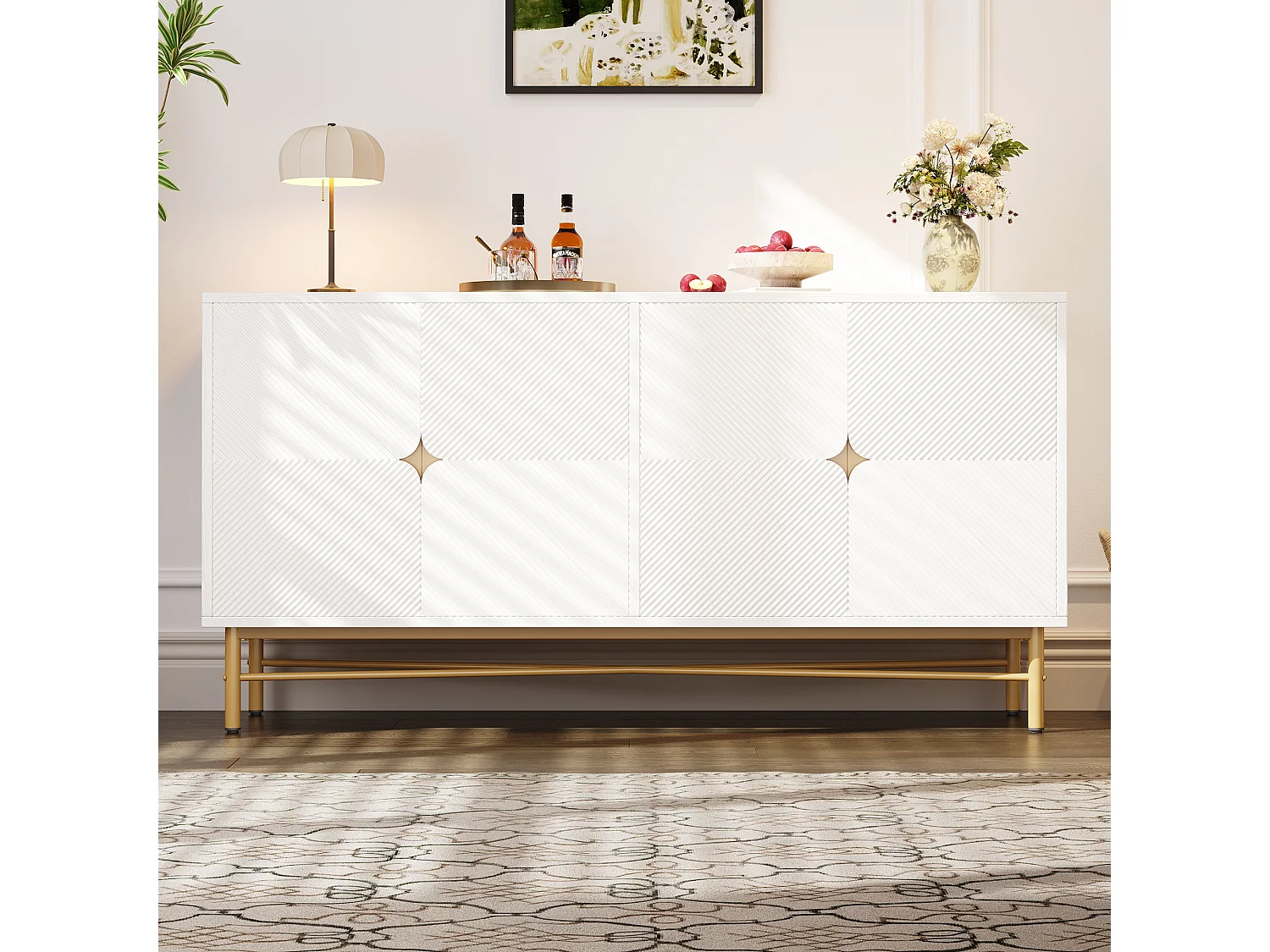 Buffet moderno 160×40×82 cm - con 4 puertas - patas de metal - panel de partículas - blanco