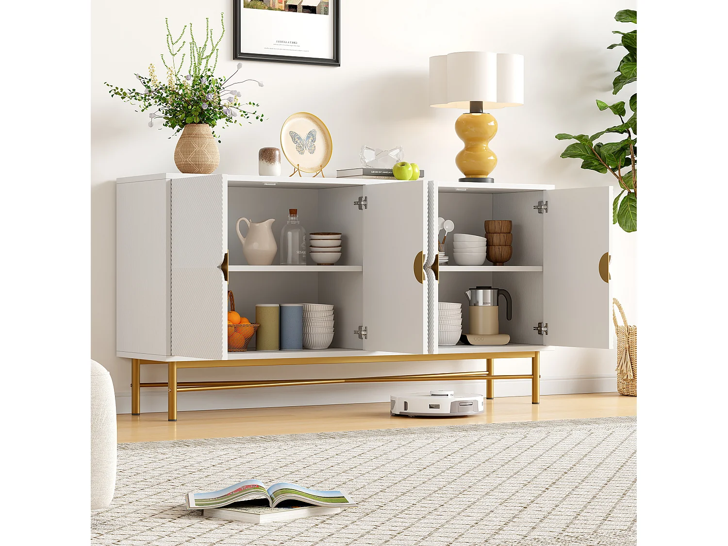 Buffet moderno 160×40×82 cm - con 4 puertas - patas de metal - panel de partículas - blanco