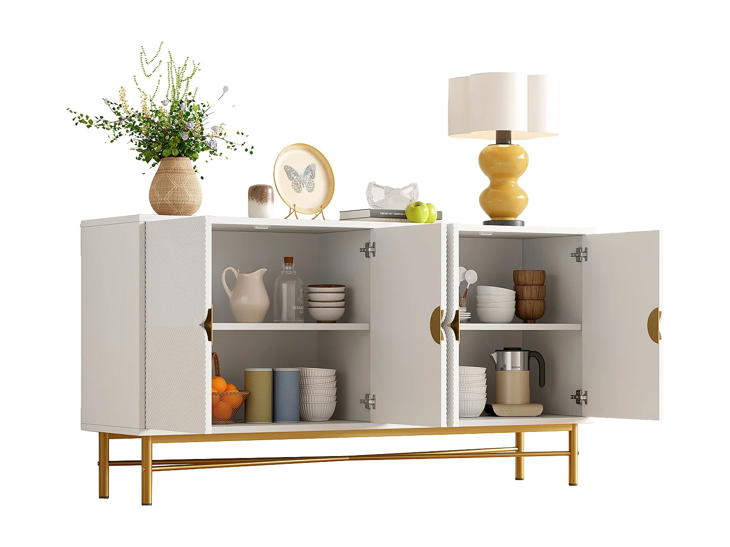 Buffet moderno 160×40×82 cm - con 4 puertas - patas de metal - panel de partículas - blanco