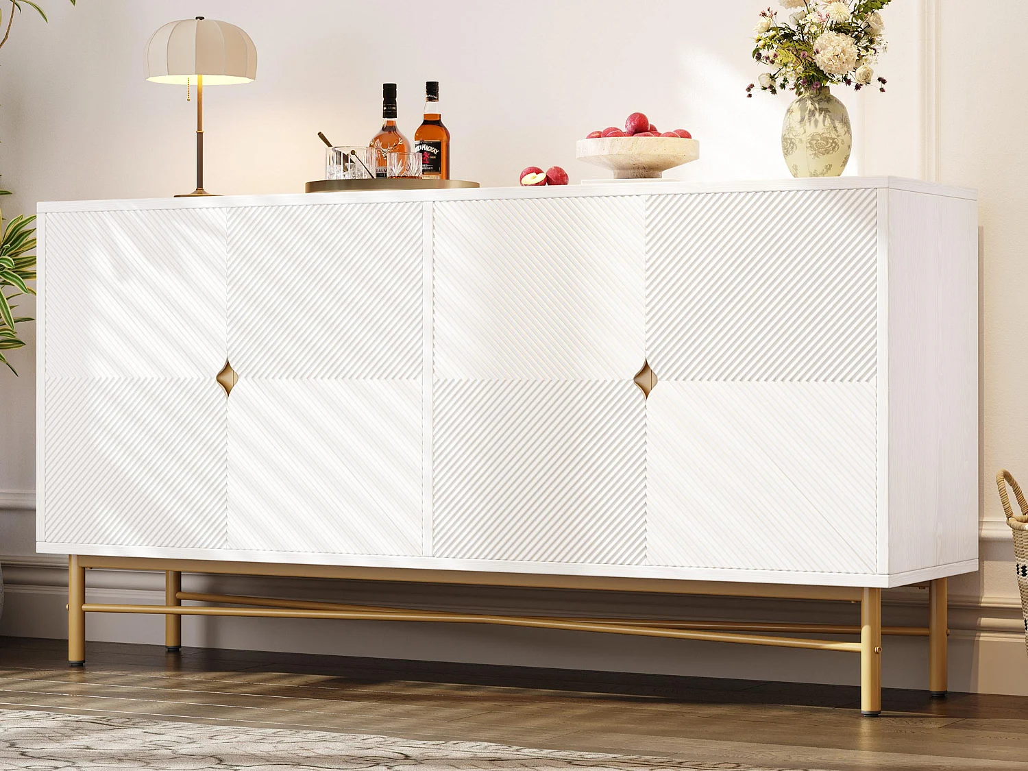 Buffet moderne 160x40x82cm - avec 4 portes - pieds en métal - panneau de particules - Blanc