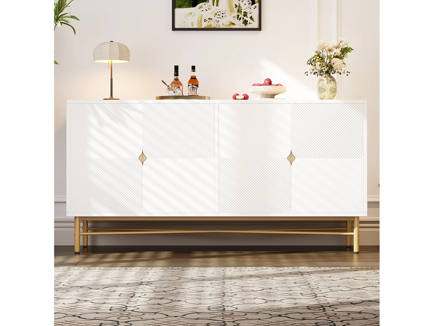 Buffet moderne 160x40x82cm - avec 4 portes - pieds en métal - panneau de particules - Blanc
