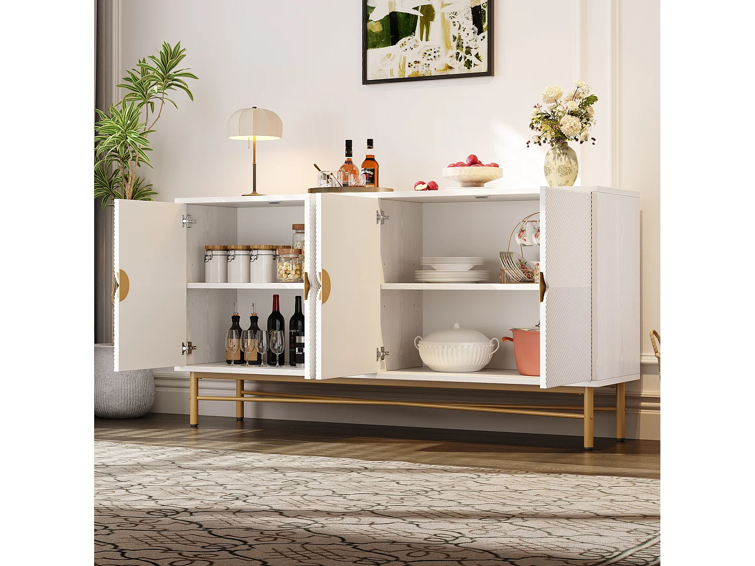Buffet moderne 160x40x82cm - avec 4 portes - pieds en métal - panneau de particules - Blanc