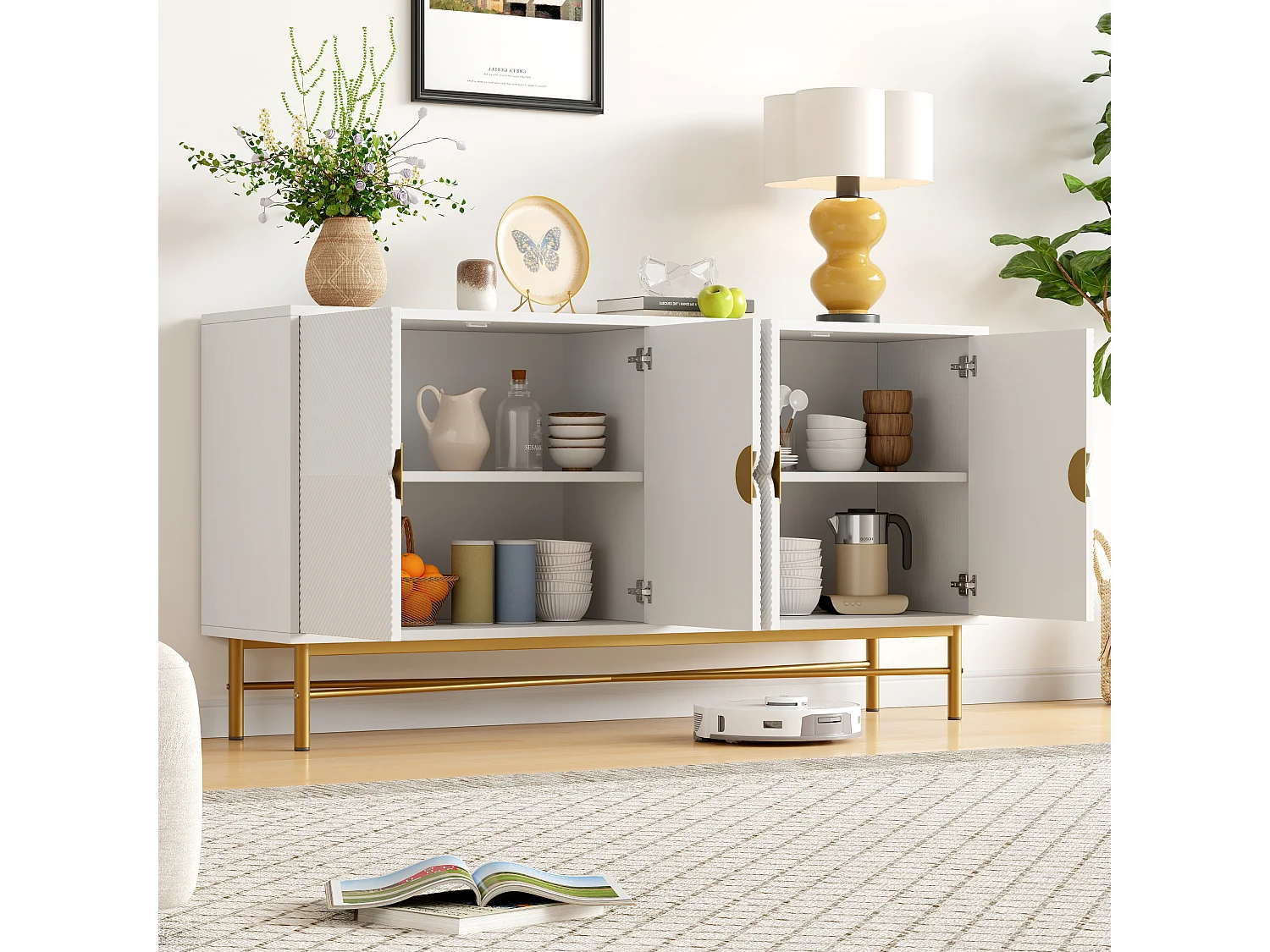 Buffet moderne 160x40x82cm - avec 4 portes - pieds en métal - panneau de particules - Blanc