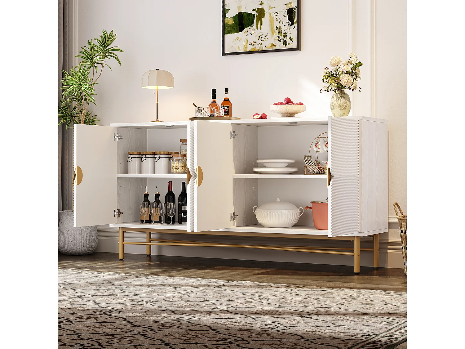 Buffet moderne 160x40x82cm - avec 4 portes - pieds en métal - panneau de particules - Blanc