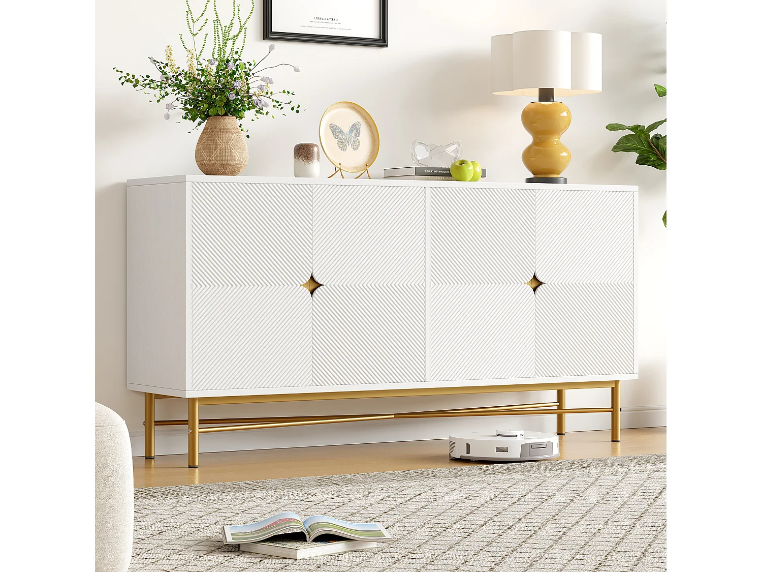 Buffet moderne 160x40x82cm - avec 4 portes - pieds en métal - panneau de particules - Blanc