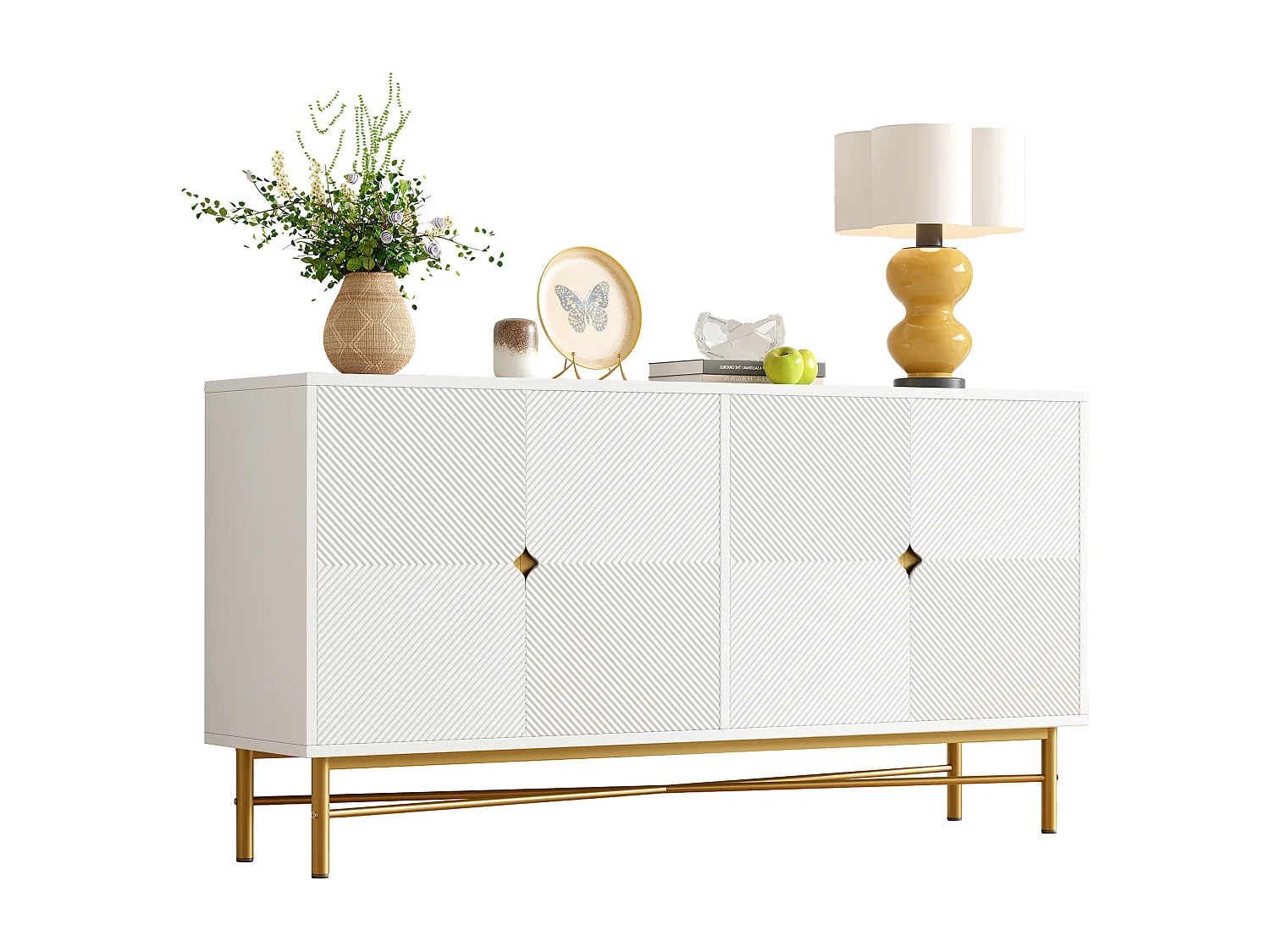 Buffet moderne 160x40x82cm - avec 4 portes - pieds en métal - panneau de particules - Blanc