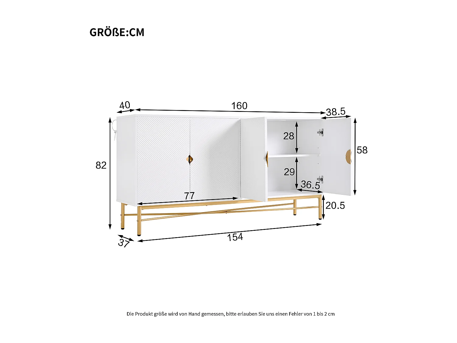 Buffet moderne 160x40x82cm - avec 4 portes - pieds en métal - panneau de particules - Blanc