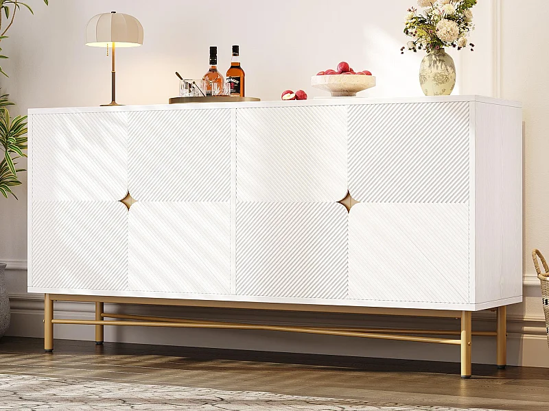 Modern buffet 160×40×82 cm - met 4 deuren - metalen poten - spaanplaat - wit