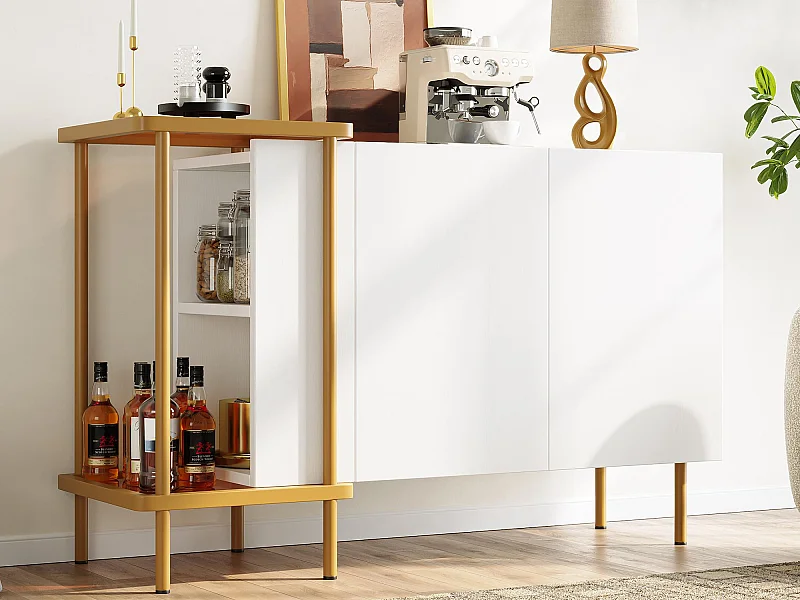 Buffet moderne 120x40x77.5cm - avec 2 portes - 2 compartiments ouverts - pieds en métal - panneau de particules - Blanc