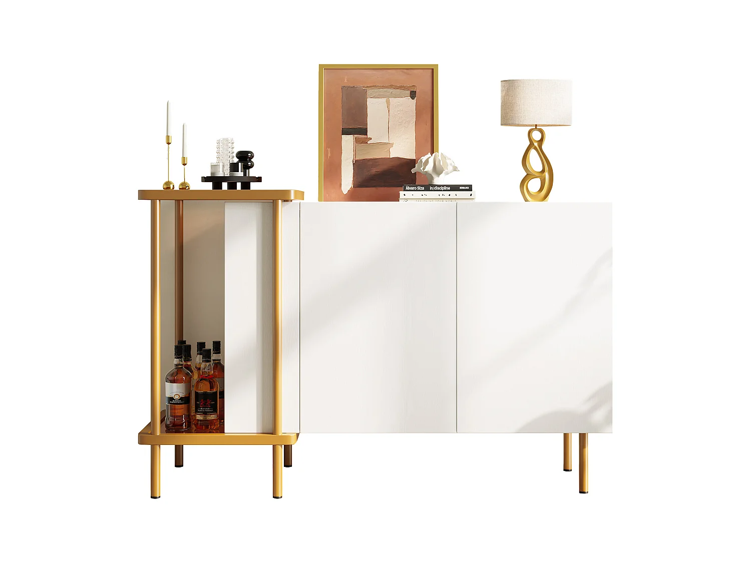 Buffet moderne 120x40x77.5cm - avec 2 portes - 2 compartiments ouverts - pieds en métal - panneau de particules - Blanc