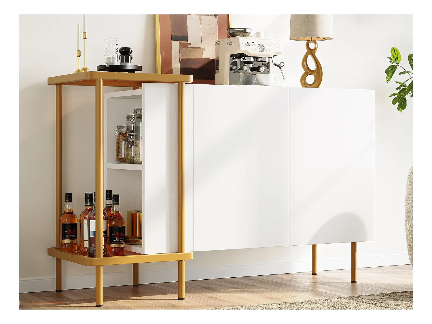 Buffet moderne 120x40x77.5cm - avec 2 portes - 2 compartiments ouverts - pieds en métal - panneau de particules - Blanc
