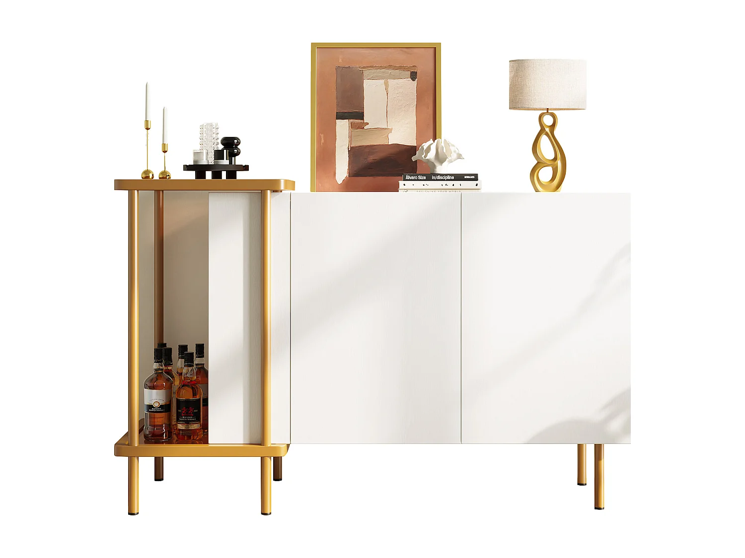 Buffet moderne 120x40x77.5cm - avec 2 portes - 2 compartiments ouverts - pieds en métal - panneau de particules - Blanc