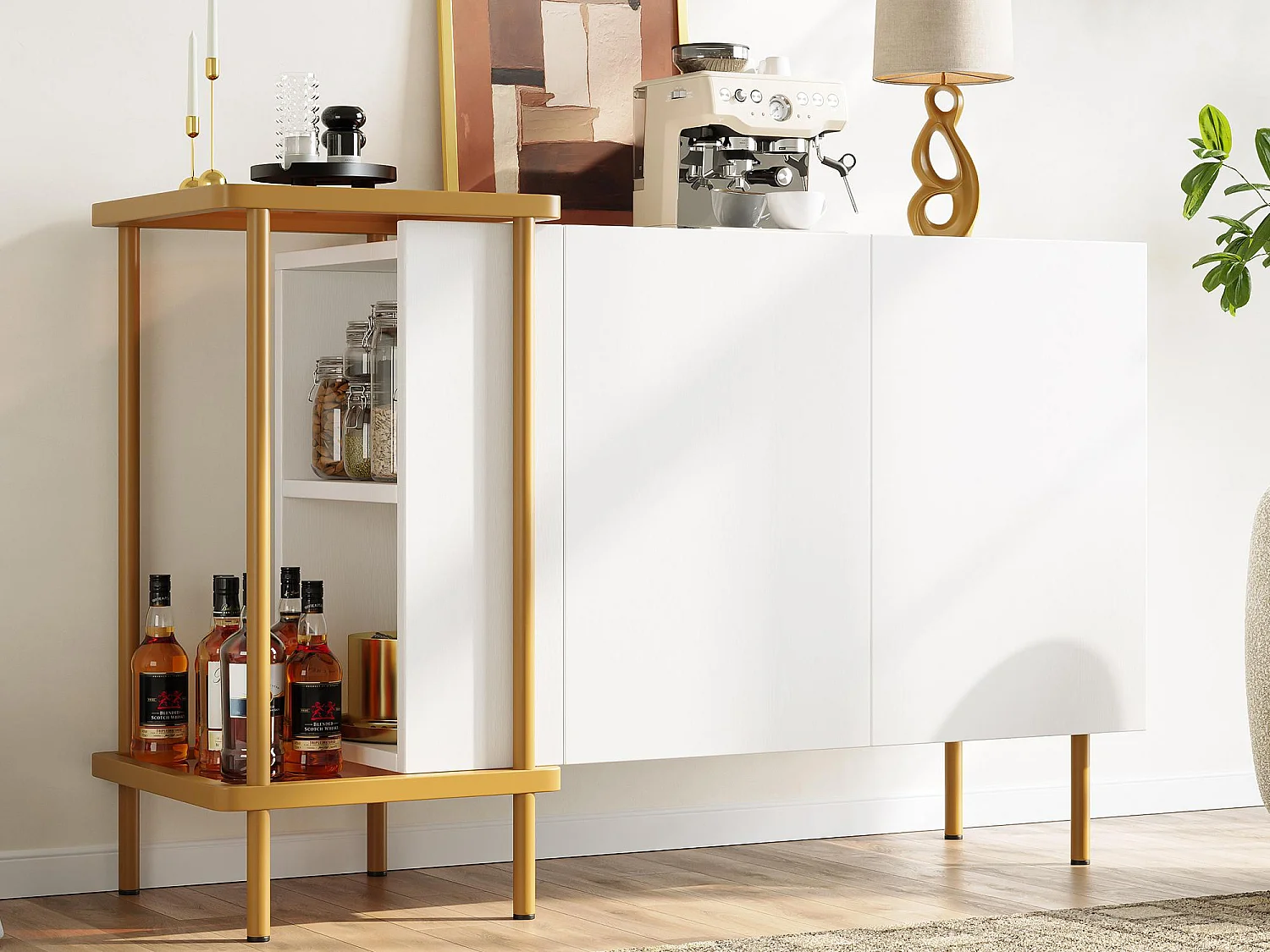 Buffet moderne 120x40x77.5cm - avec 2 portes - 2 compartiments ouverts - pieds en métal - panneau de particules - Blanc