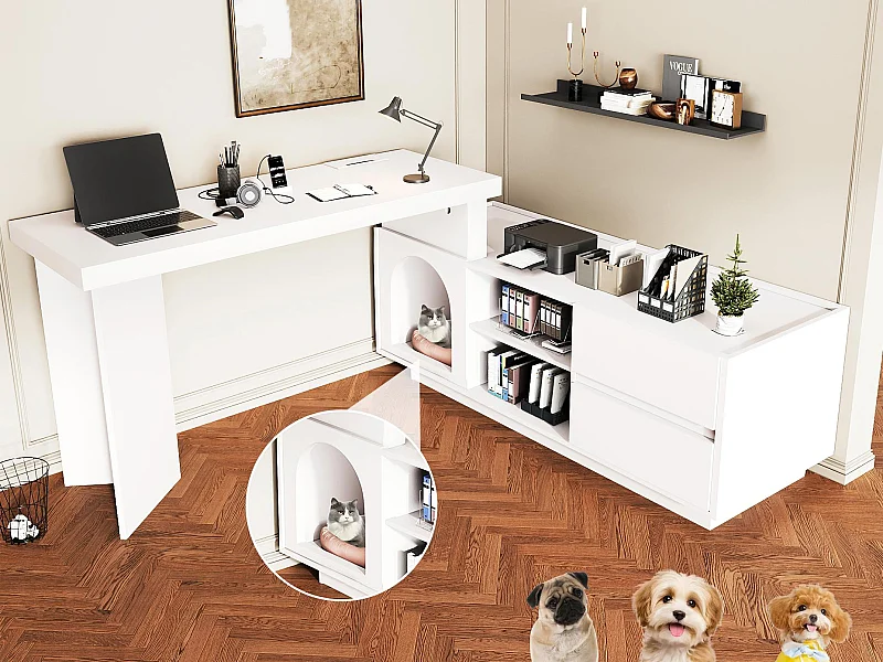Bureau d'angle 120x50x72cm - avec maison pour animaux - Forme en L - 2 tiroirs - MDF - Blanc