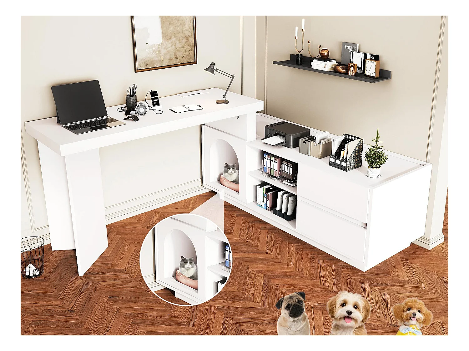 Bureau d'angle 120x50x72cm - avec maison pour animaux - Forme en L - 2 tiroirs - MDF - Blanc