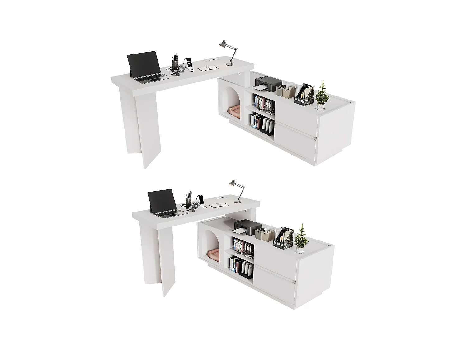 Bureau d'angle 120x50x72cm - avec maison pour animaux - Forme en L - 2 tiroirs - MDF - Blanc
