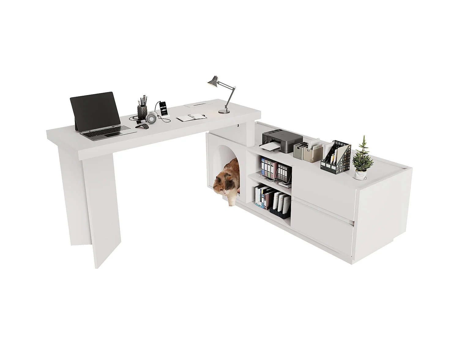 Bureau d'angle 120x50x72cm - avec maison pour animaux - Forme en L - 2 tiroirs - MDF - Blanc