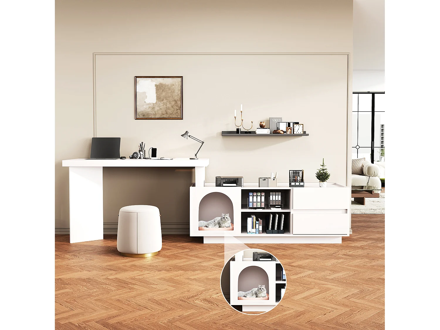 Eckschreibtisch 120×50×72 cm - mit Tierhaus - L-Form - 2 Schubladen - MDF - weiß