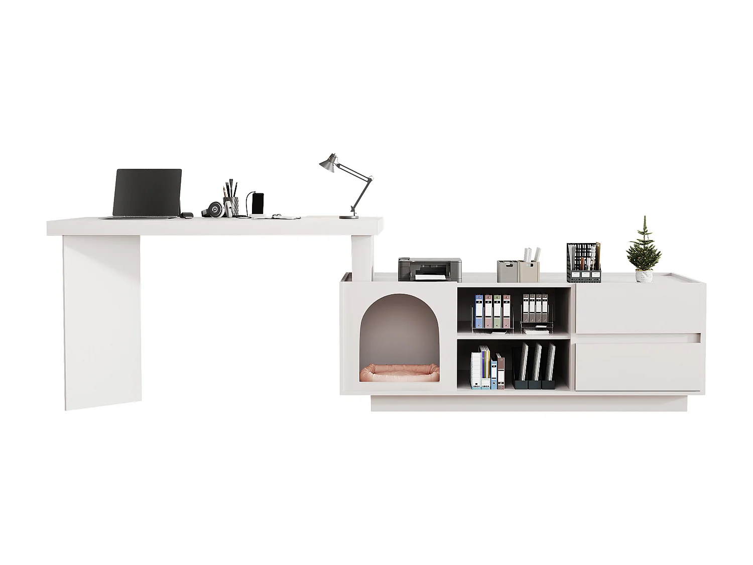 Eckschreibtisch 120×50×72 cm - mit Tierhaus - L-Form - 2 Schubladen - MDF - weiß