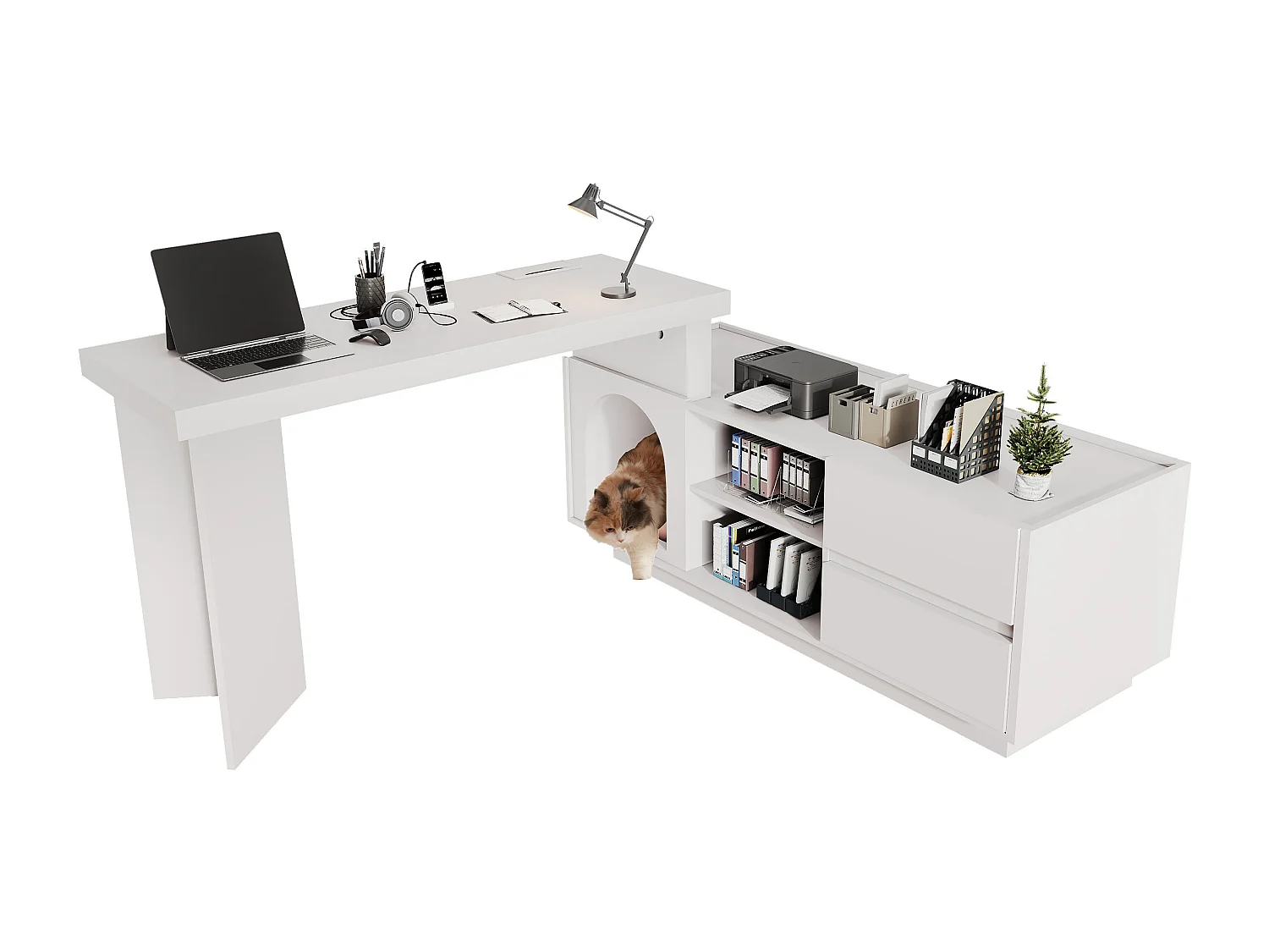 Eckschreibtisch 120×50×72 cm - mit Tierhaus - L-Form - 2 Schubladen - MDF - weiß