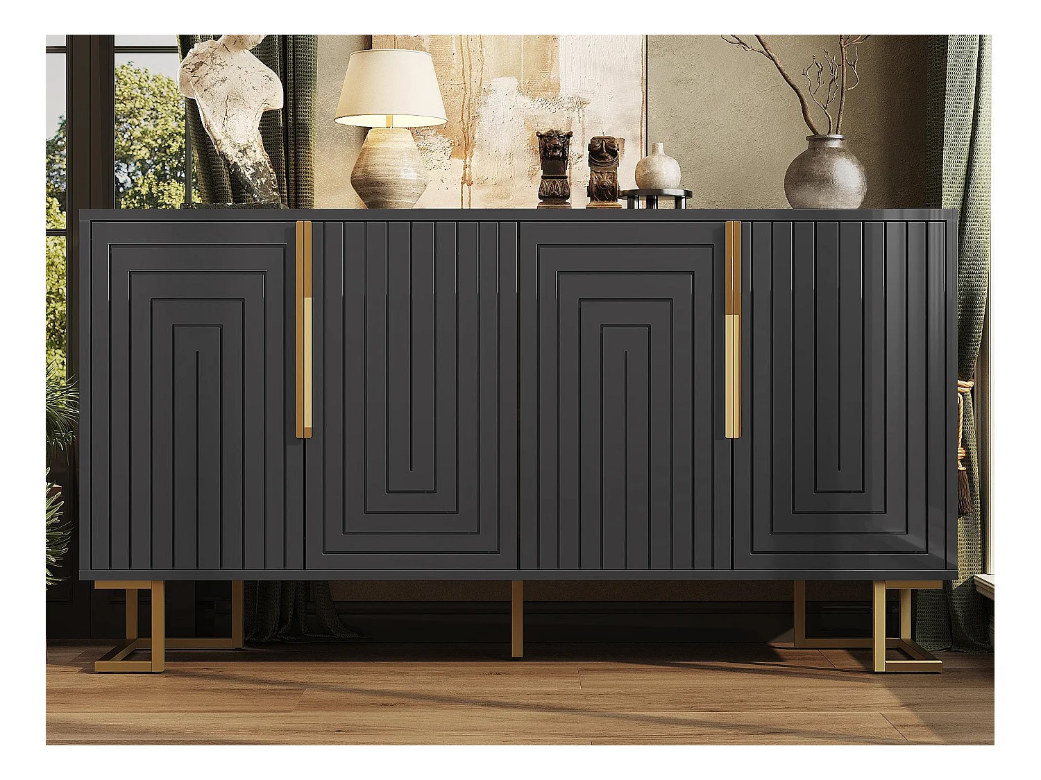 Buffet moderne 152x40x75cm - avec 4 portes - unique et des poignées et des pieds dorés - noir