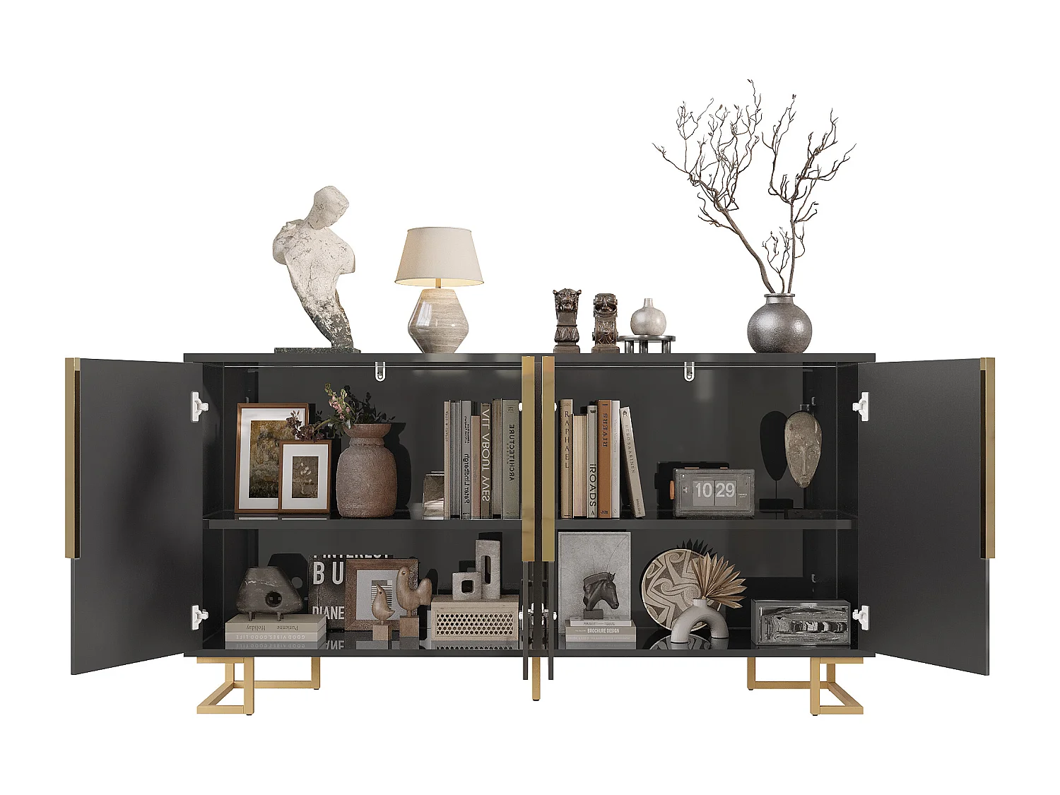 Buffet moderne 152x40x75cm - avec 4 portes - unique et des poignées et des pieds dorés - noir