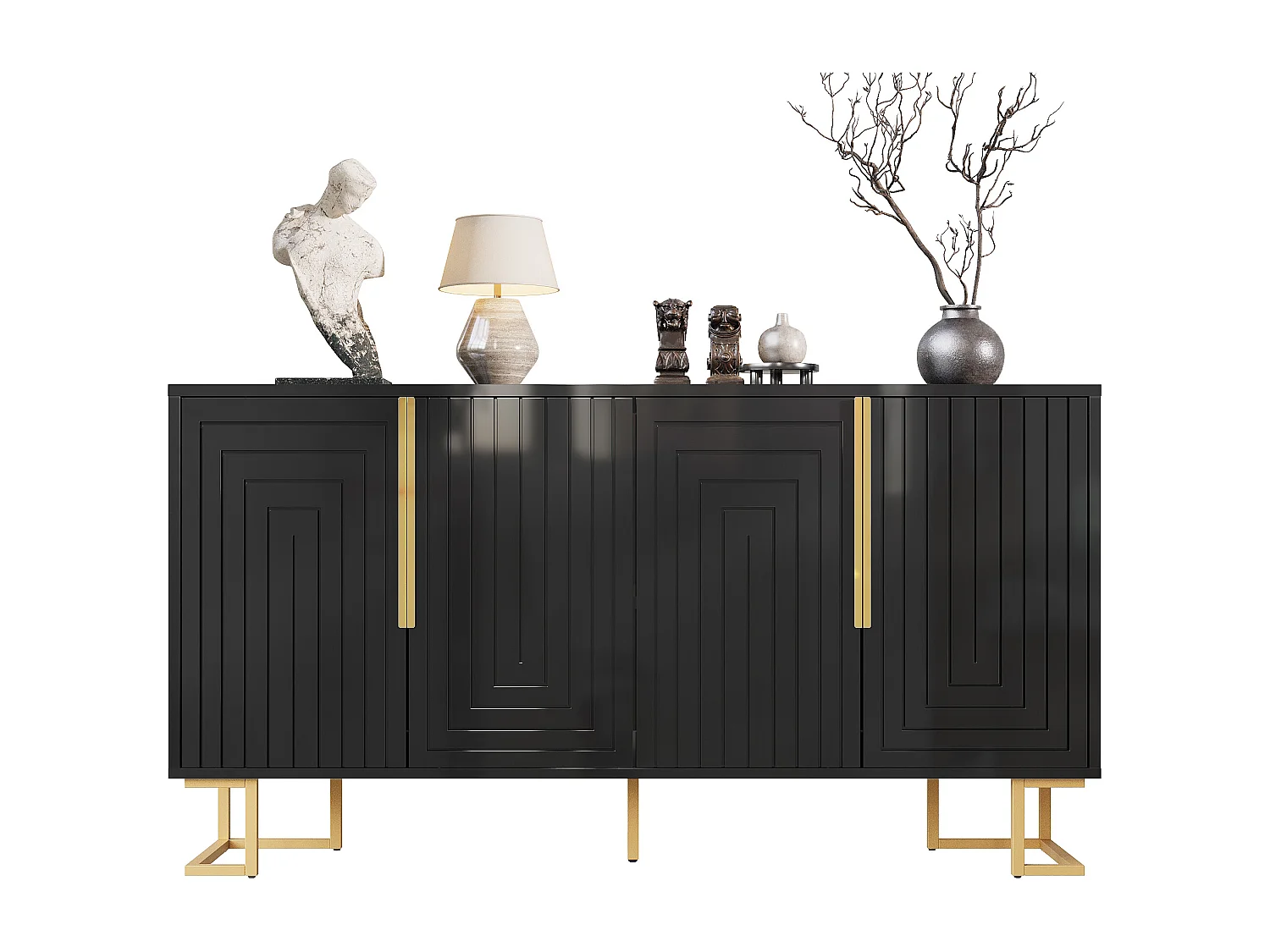 Buffet moderne 152x40x75cm - avec 4 portes - unique et des poignées et des pieds dorés - noir