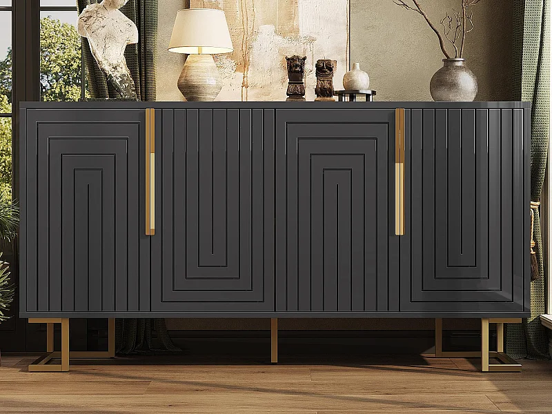 Buffet moderne 152x40x75cm - avec 4 portes - unique et des poignées et des pieds dorés - noir