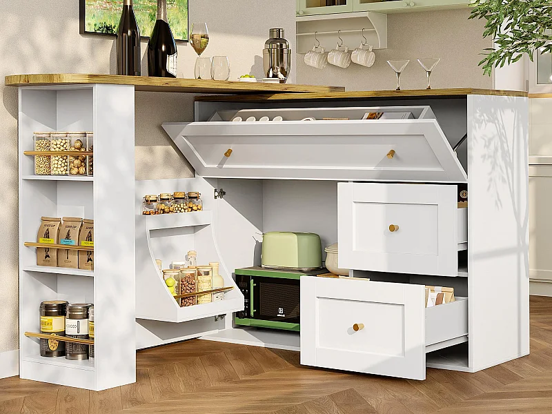 Moderne drehbare Bar 360° - 204×39×105 cm - 2 Schubladen und 2 Türen - mit Seitenregalen - ausziehbarer Tisch - weiß