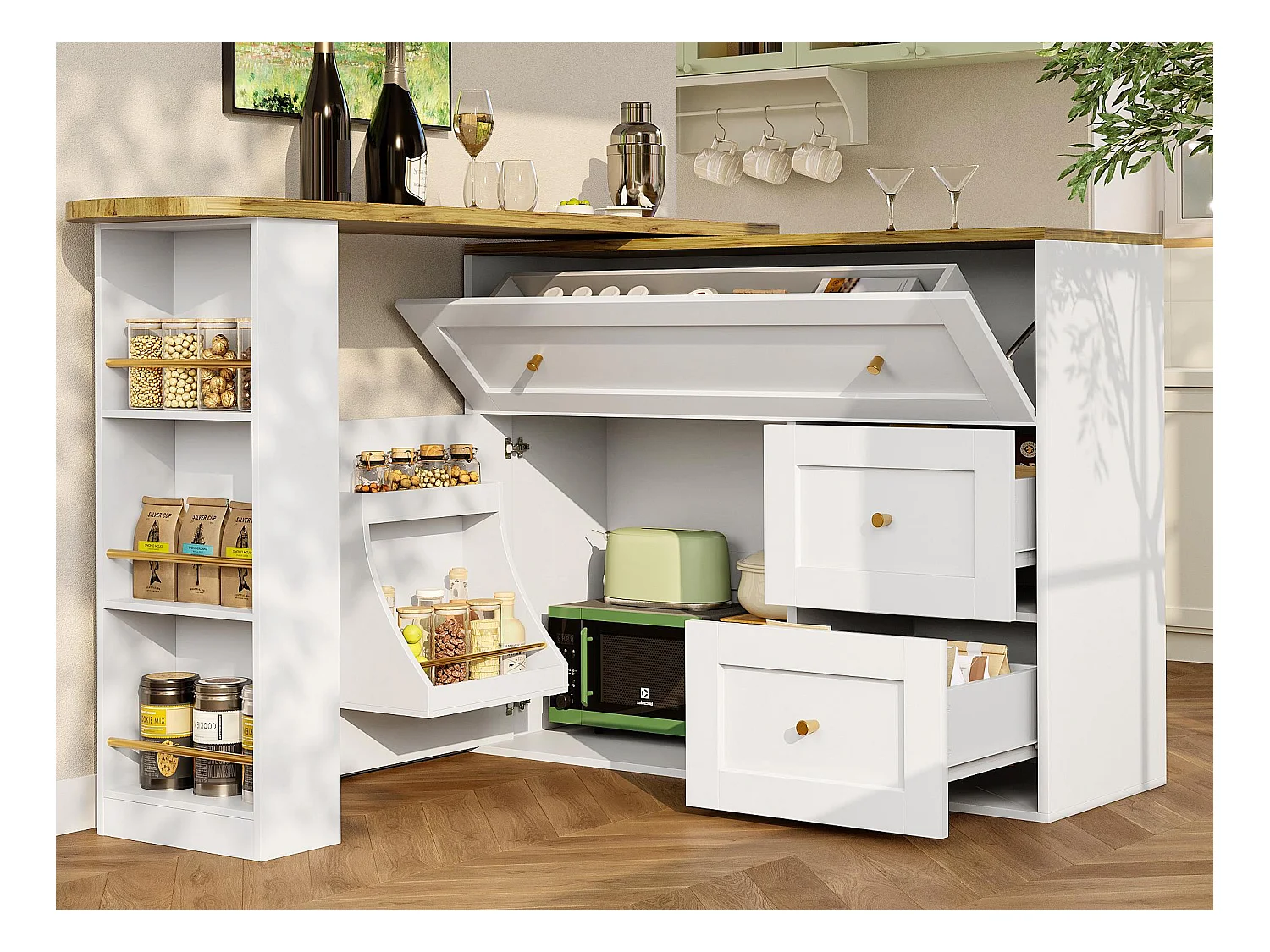 Meuble de bar moderne rotative à 360° - 204x39x105cm - 2 tiroirs et 2 portes- avec étagères latérales - table de extensible - Blanc