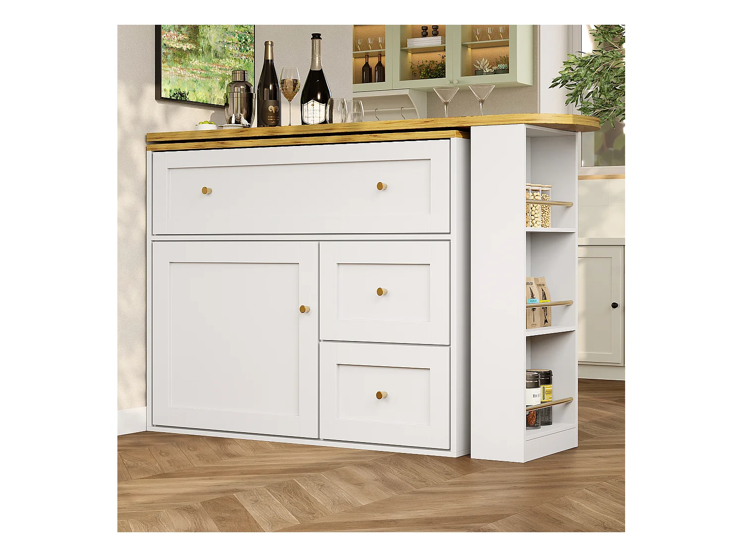 Meuble de bar moderne rotative à 360° - 204x39x105cm - 2 tiroirs et 2 portes- avec étagères latérales - table de extensible - Blanc