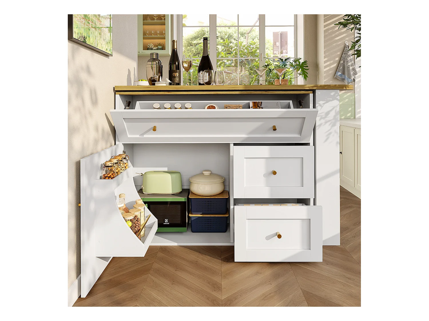 Meuble de bar moderne rotative à 360° - 204x39x105cm - 2 tiroirs et 2 portes- avec étagères latérales - table de extensible - Blanc