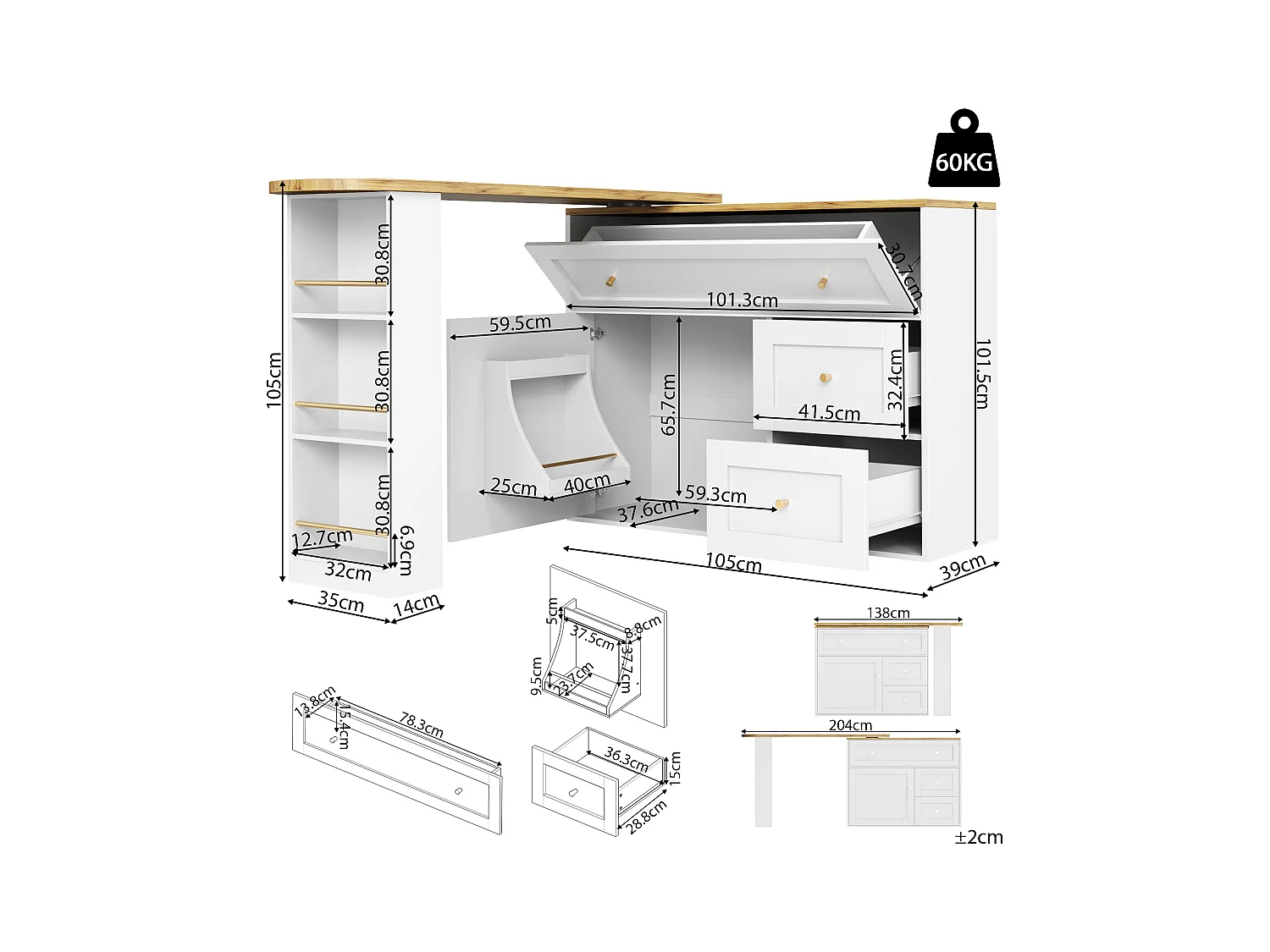 Meuble de bar moderne rotative à 360° - 204x39x105cm - 2 tiroirs et 2 portes- avec étagères latérales - table de extensible - Blanc