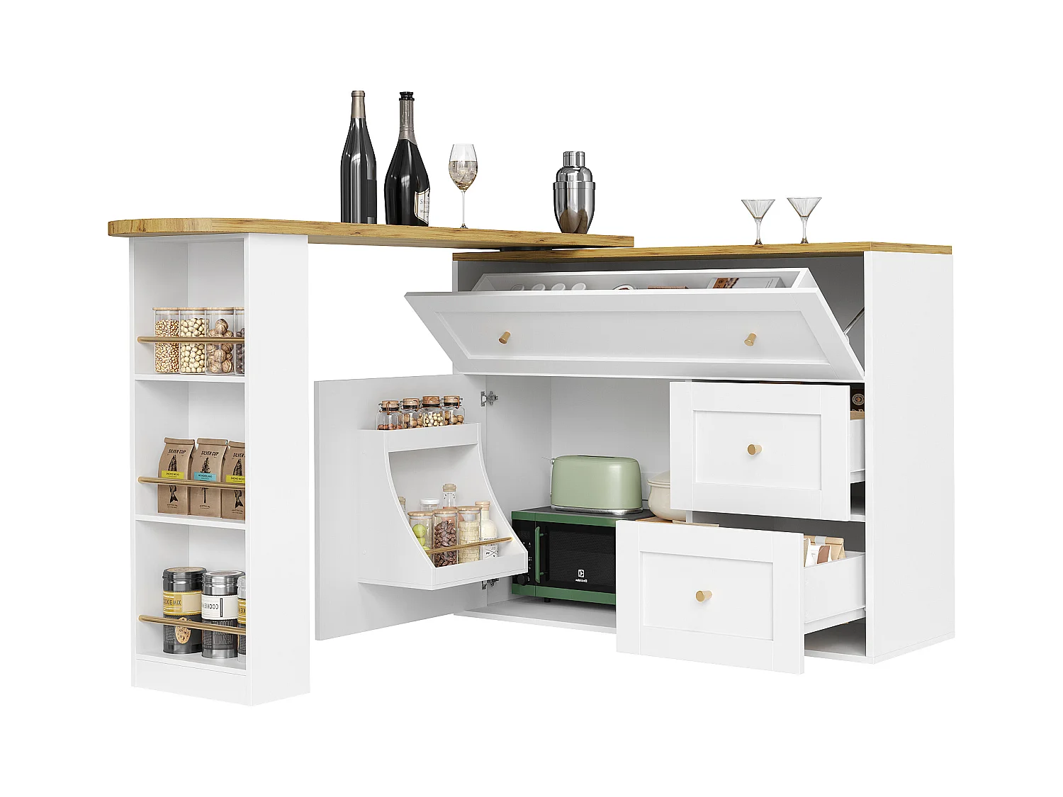 Meuble de bar moderne rotative à 360° - 204x39x105cm - 2 tiroirs et 2 portes- avec étagères latérales - table de extensible - Blanc