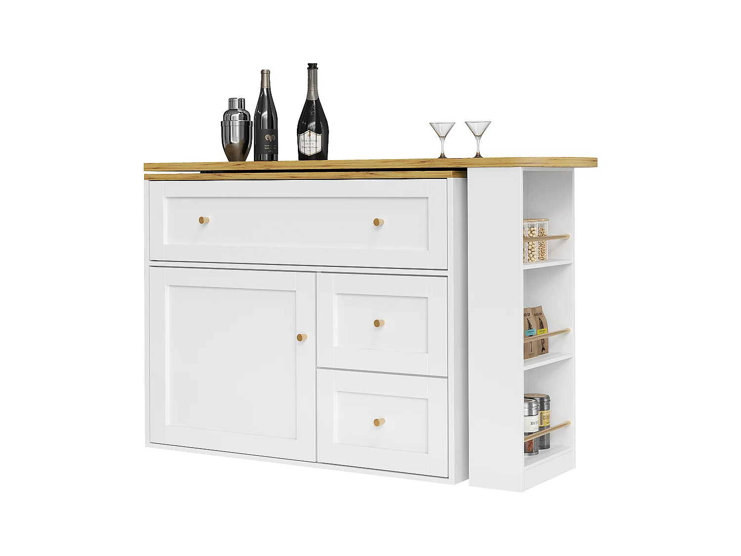 Meuble de bar moderne rotative à 360° - 204x39x105cm - 2 tiroirs et 2 portes- avec étagères latérales - table de extensible - Blanc