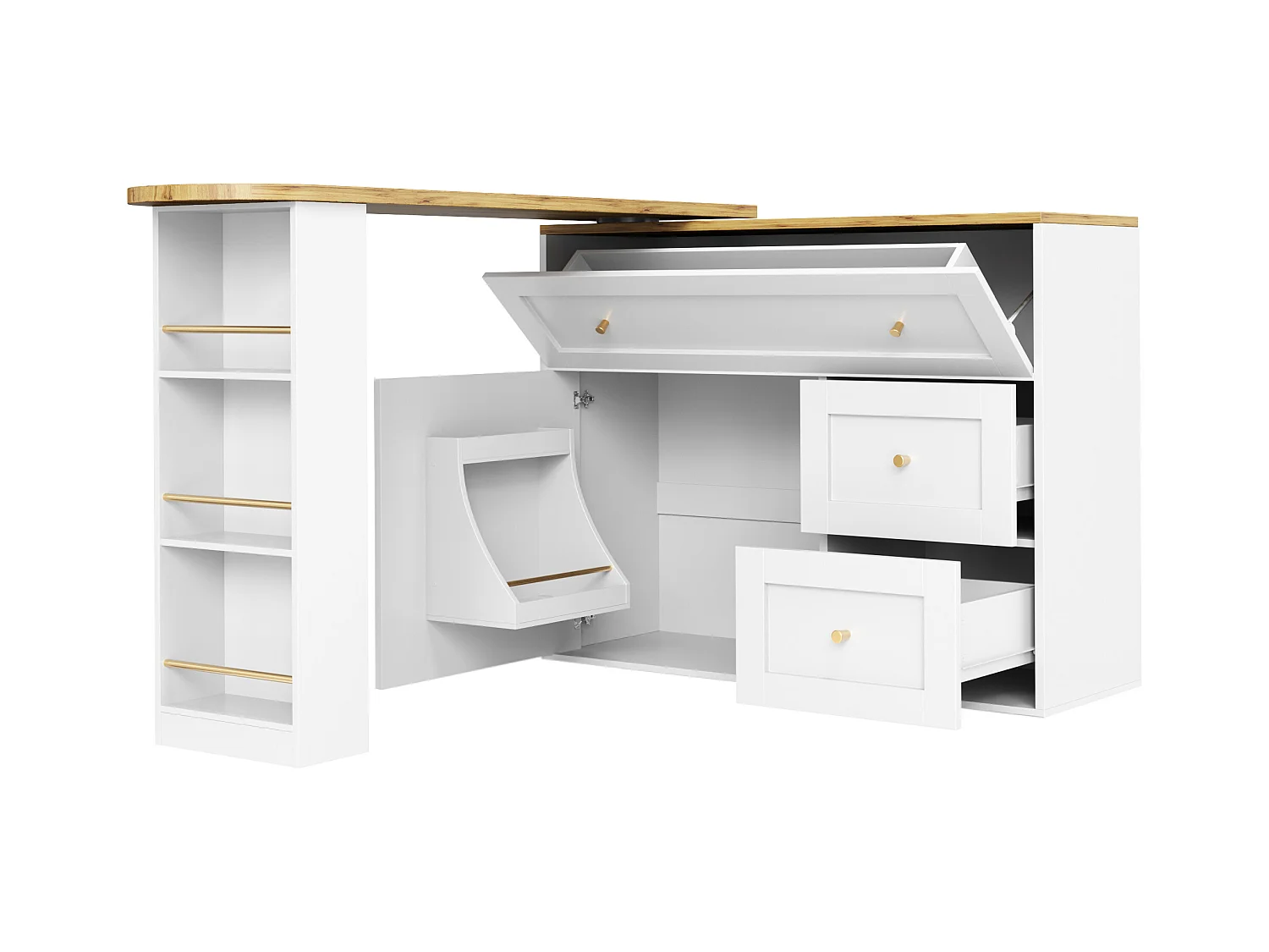 Meuble de bar moderne rotative à 360° - 204x39x105cm - 2 tiroirs et 2 portes- avec étagères latérales - table de extensible - Blanc