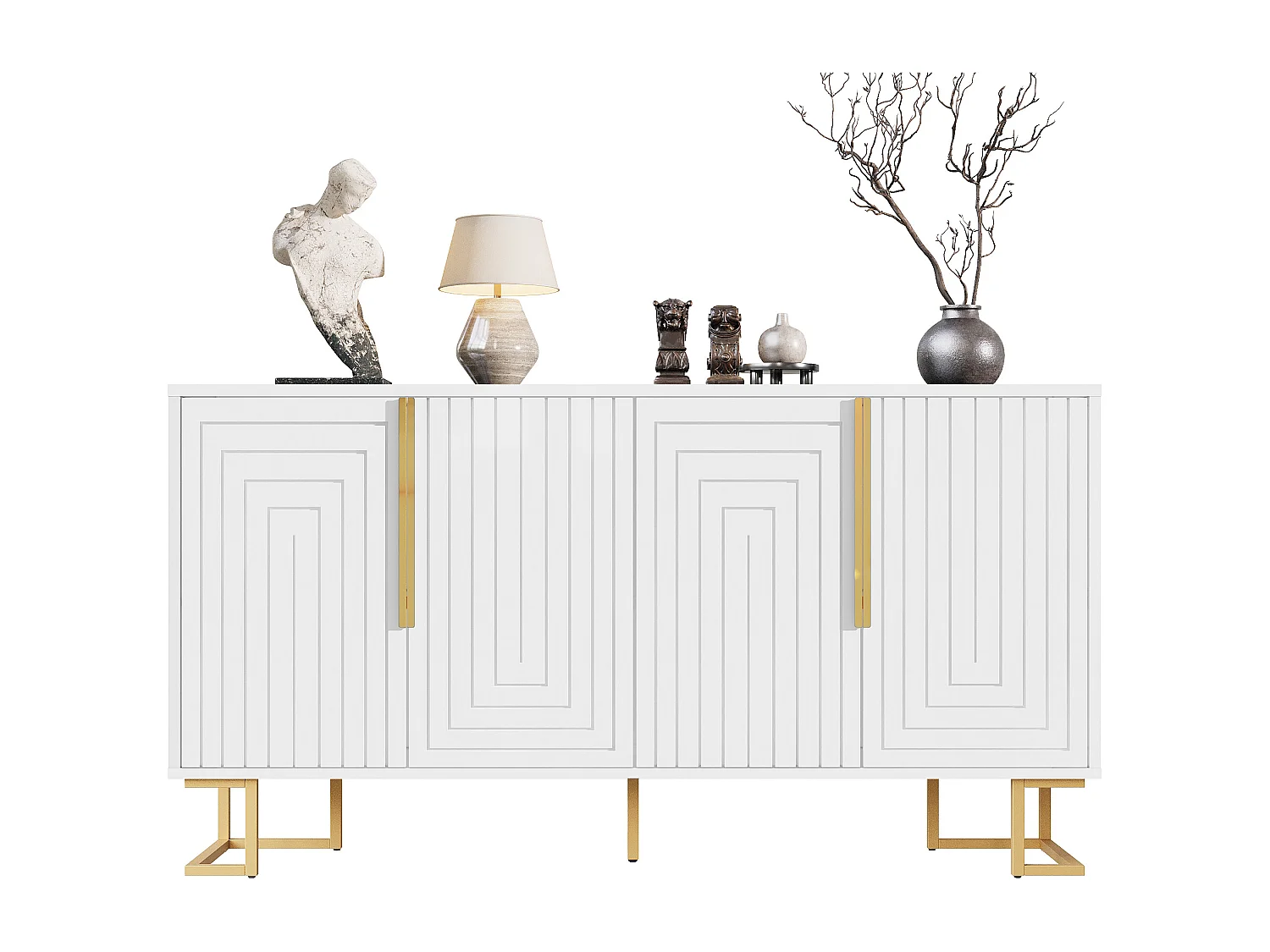 Modernes Sideboard 152×40×75 cm - mit 4 Türen - mit goldenen Griffen und Füßen - weiß