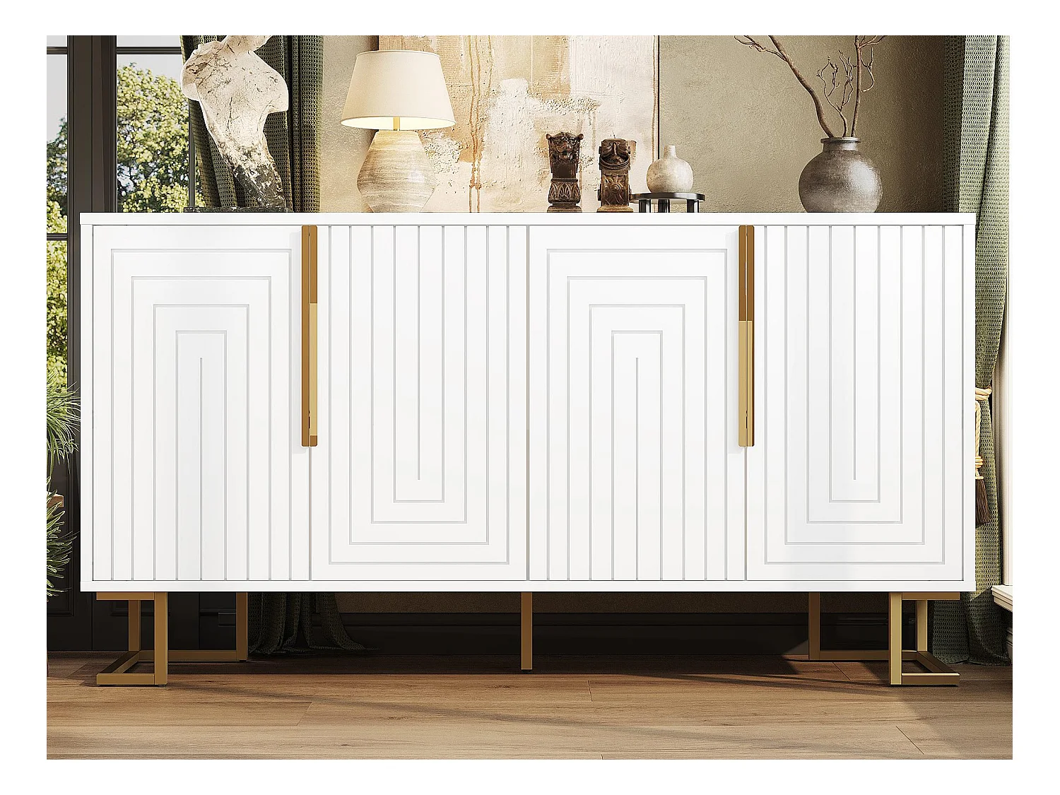 Buffet moderne 152x40x75cm - avec 4 portes - unique et des poignées et des pieds dorés - blanc
