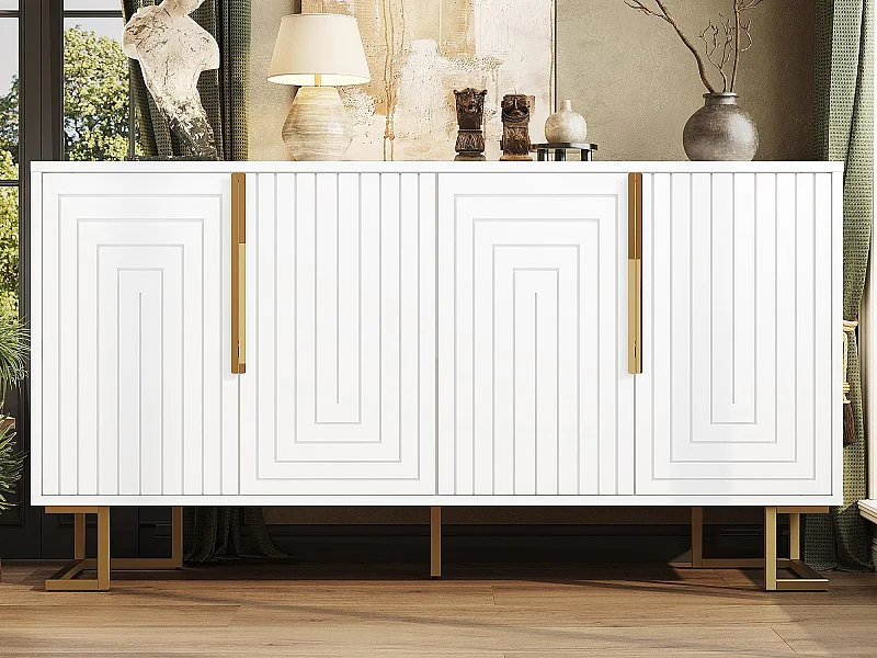 Modernes Sideboard 152×40×75 cm - mit 4 Türen - mit goldenen Griffen und Füßen - weiß