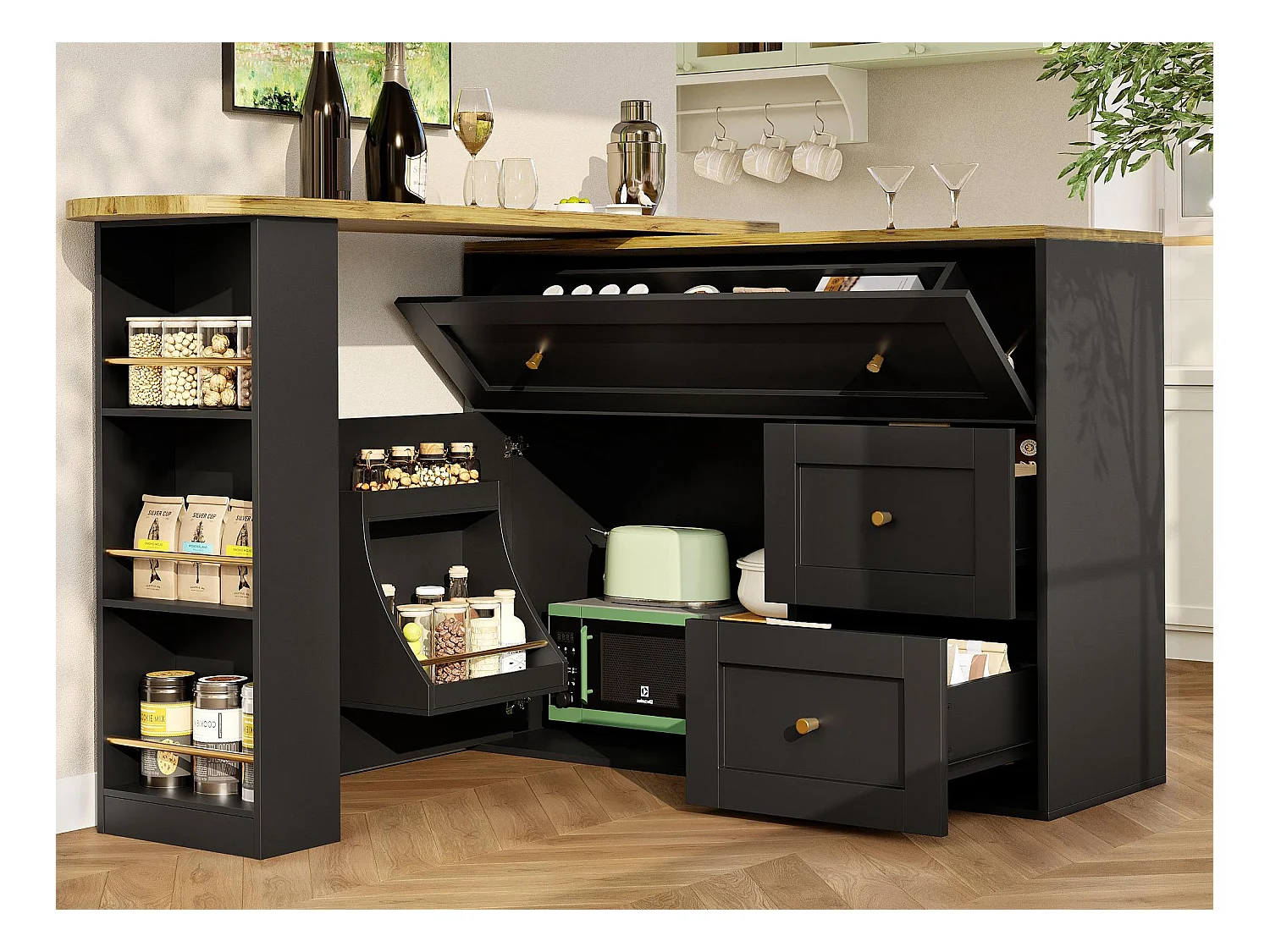 Meuble de bar moderne rotative à 360° - 204x39x105cm - 2 tiroirs et 2 portes- avec étagères latérales - table de extensible - Noir