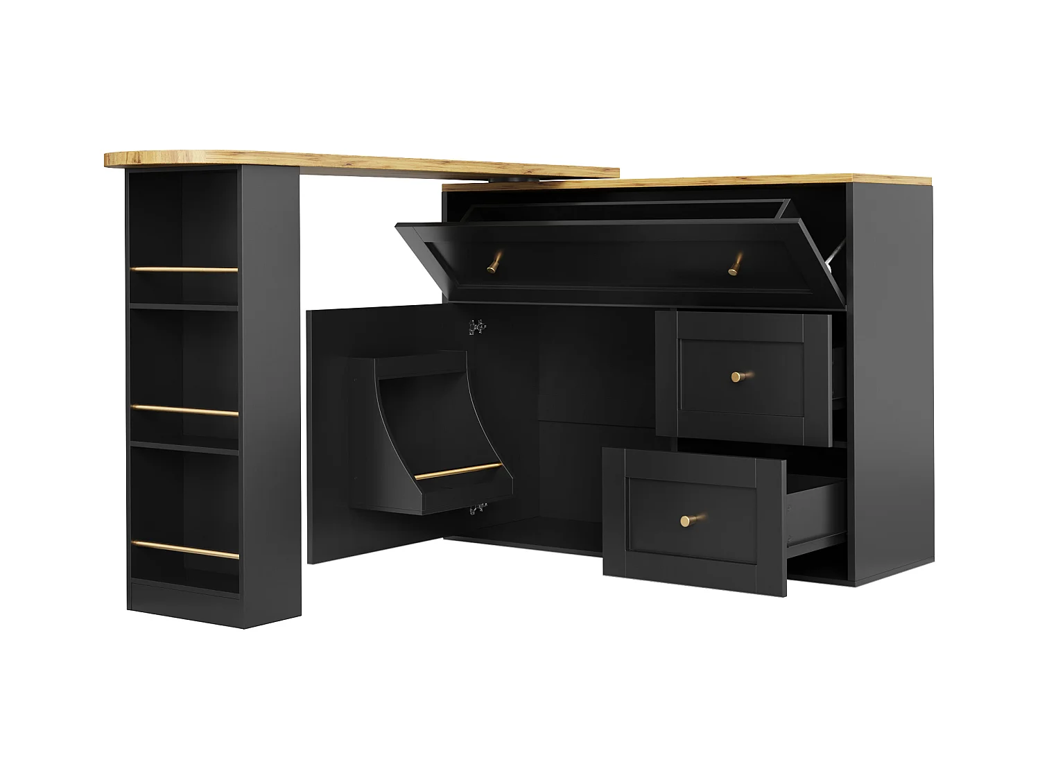 Meuble de bar moderne rotative à 360° - 204x39x105cm - 2 tiroirs et 2 portes- avec étagères latérales - table de extensible - Noir