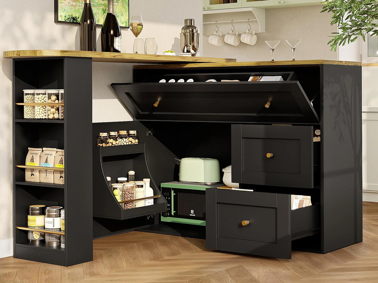 Mobile bar rotante moderno 360° - 204×39×105 cm - 2 cassetti e 2 ante - con ripiani laterali - tavolo estensibile - nero