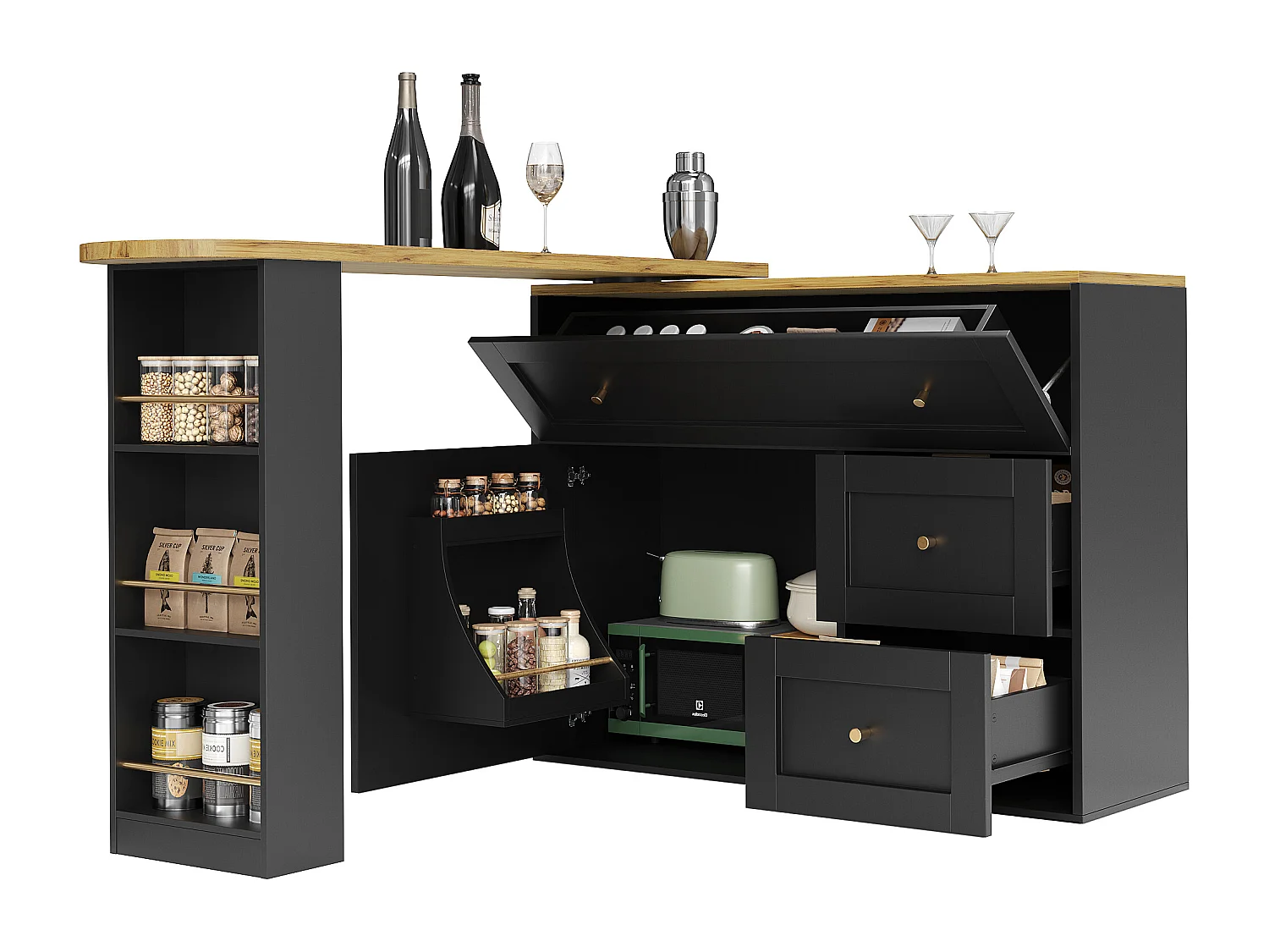 Mobile bar rotante moderno 360° - 204×39×105 cm - 2 cassetti e 2 ante - con ripiani laterali - tavolo estensibile - nero