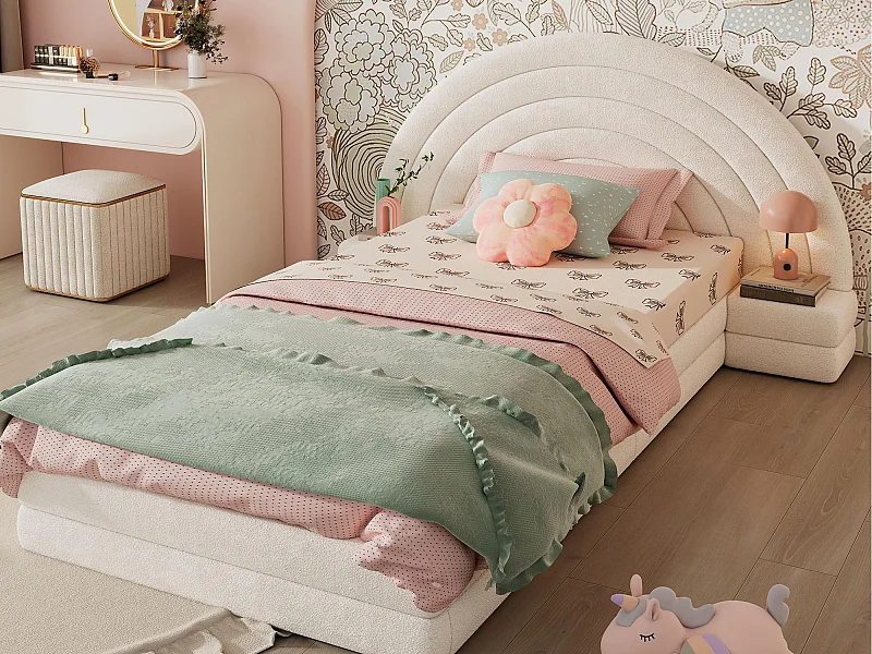 Lit simple rembourré 90x200 cm - tête de lit arc-en-ciel - avec 2 tables de chevet - Imitation laine - Beige (sans matelas)