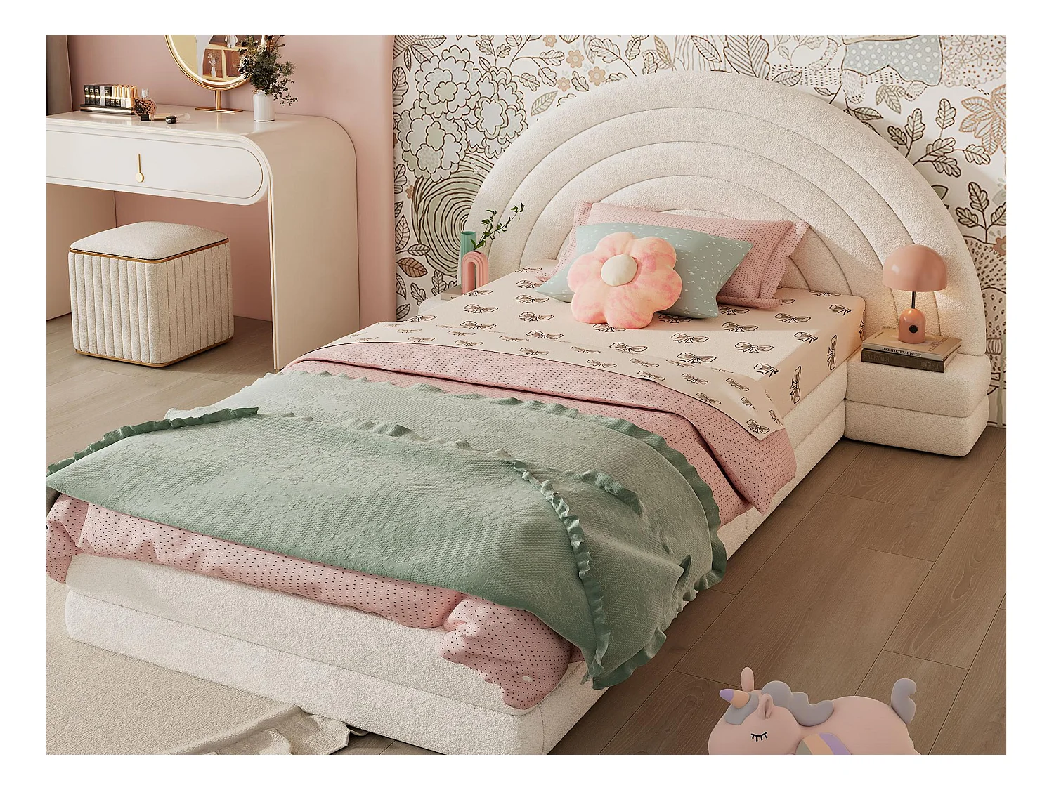 Lit simple rembourré 90x200 cm - tête de lit arc-en-ciel - avec 2 tables de chevet - Imitation laine - Beige (sans matelas)